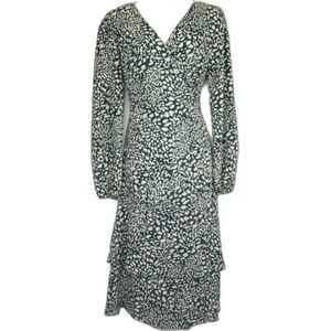 Everly True Wrap Green Snow Leopard Tiered Long Sleeve Dress Women's Size Small